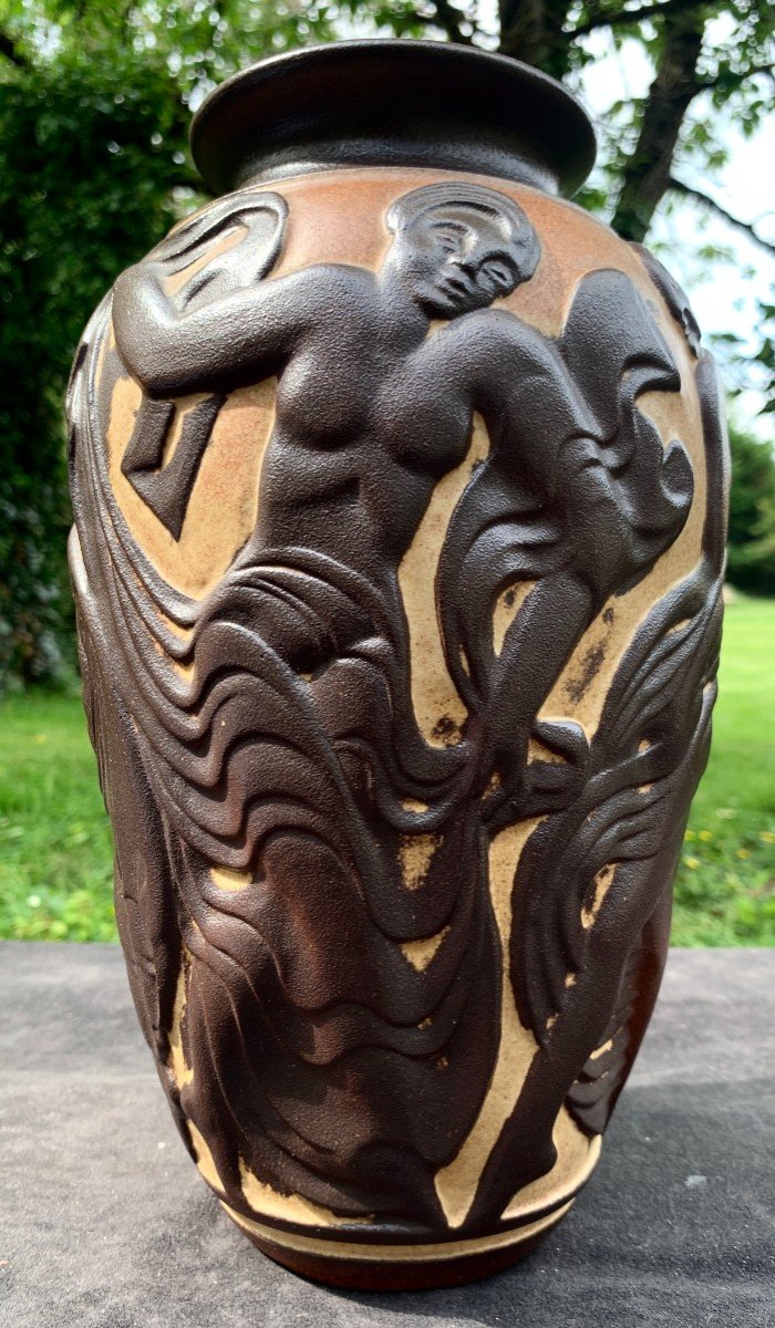 Superbe vase Art déco vers 1920 danseuses à l'antique Mougin Fres Nancy et Geo CONDE-photo-6