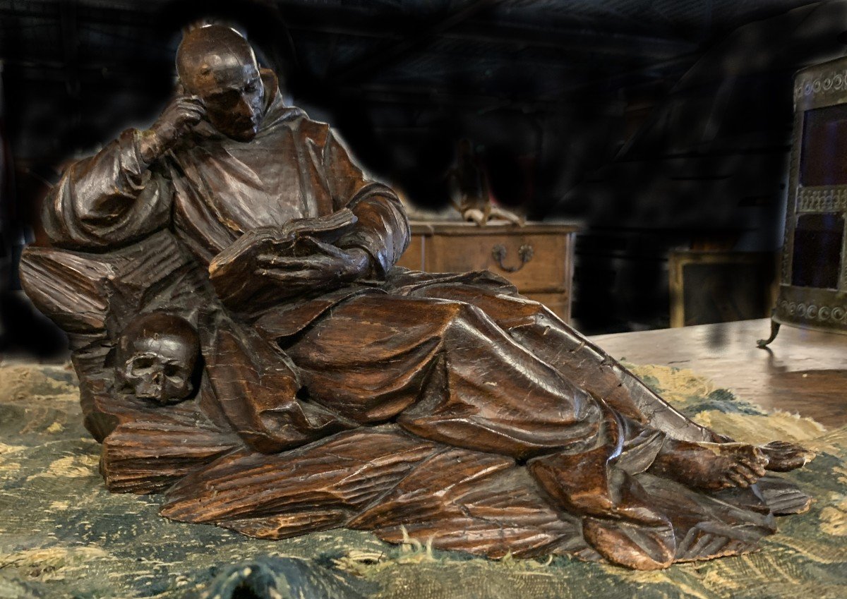 XVIIe s grande statue St Jérôme pénitent allongé, avec vanité-photo-4