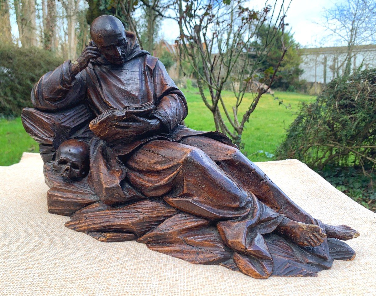 XVIIe s grande statue St Jérôme pénitent allongé, avec vanité-photo-1