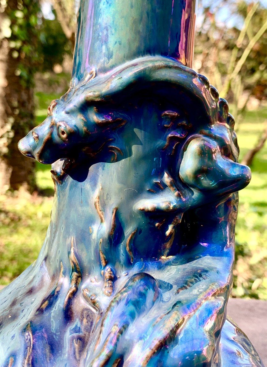 Stunning 1900' S Iridescent Ceramic Vase With Rolled Up Dragon, Rambervillers, Est Of France-photo-2