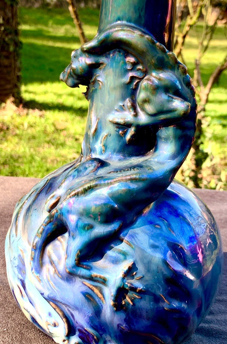 Stunning 1900' S Iridescent Ceramic Vase With Rolled Up Dragon, Rambervillers, Est Of France-photo-1