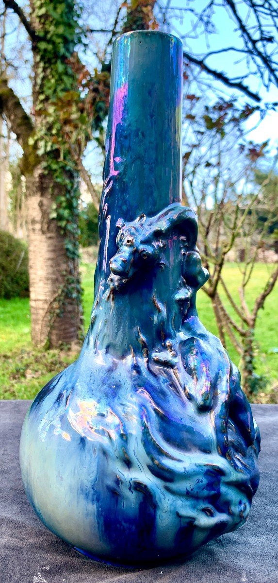 Stunning 1900' S Iridescent Ceramic Vase With Rolled Up Dragon, Rambervillers, Est Of France-photo-2
