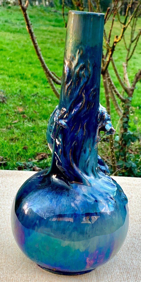 Stunning 1900' S Iridescent Ceramic Vase With Rolled Up Dragon, Rambervillers, Est Of France-photo-4