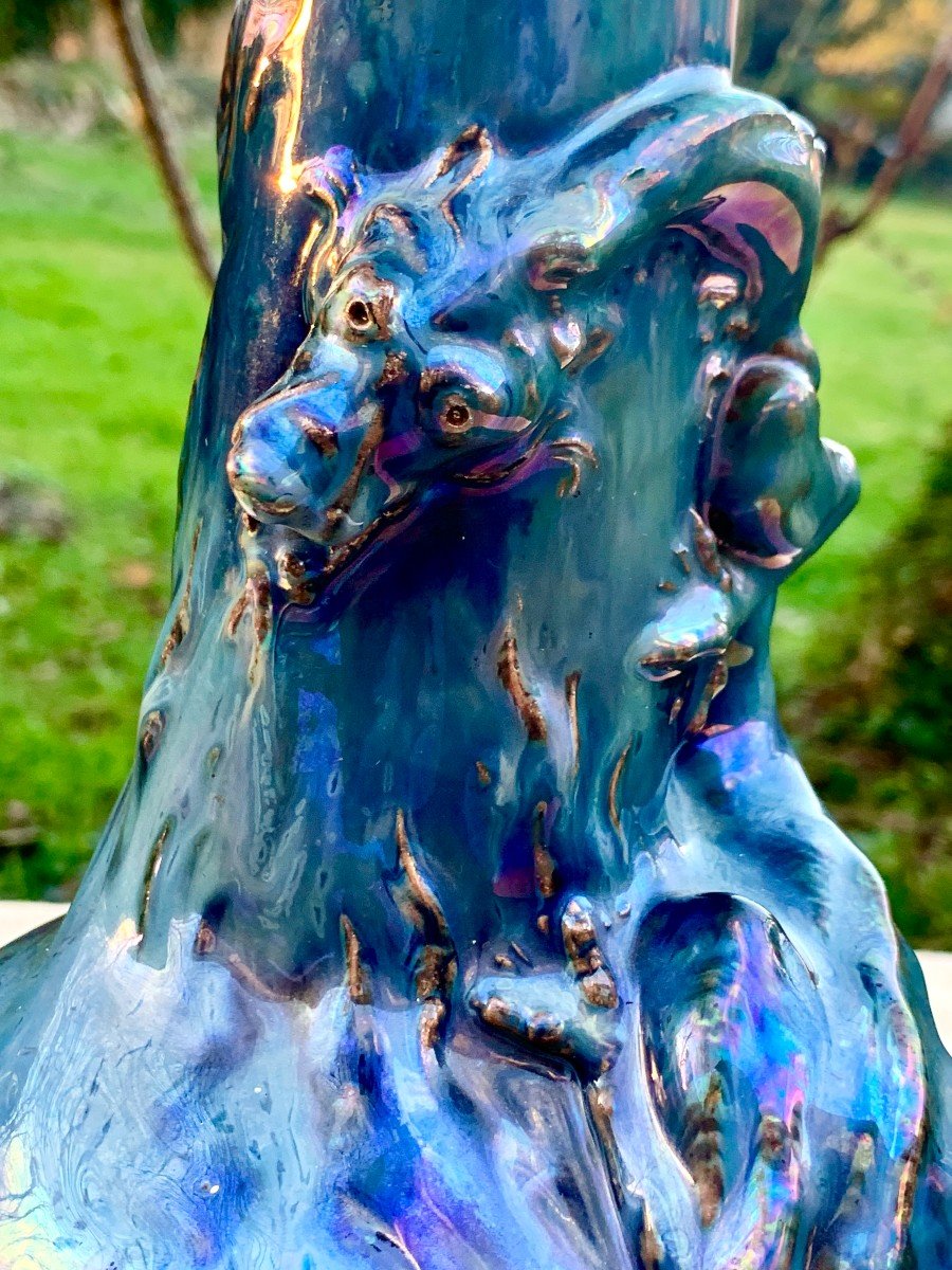 Stunning 1900' S Iridescent Ceramic Vase With Rolled Up Dragon, Rambervillers, Est Of France-photo-5