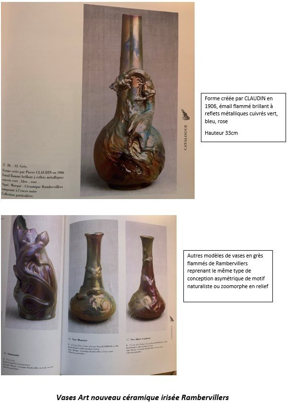Stunning 1900' S Iridescent Ceramic Vase With Rolled Up Dragon, Rambervillers, Est Of France-photo-7
