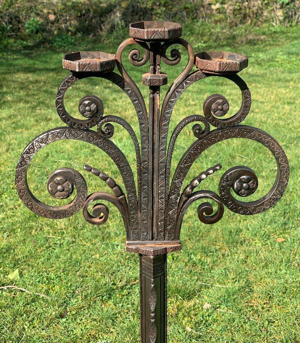 Vers 1920/1930 Superbe candélabre Art Déco en fer forgé, hauteur 152cm-photo-3