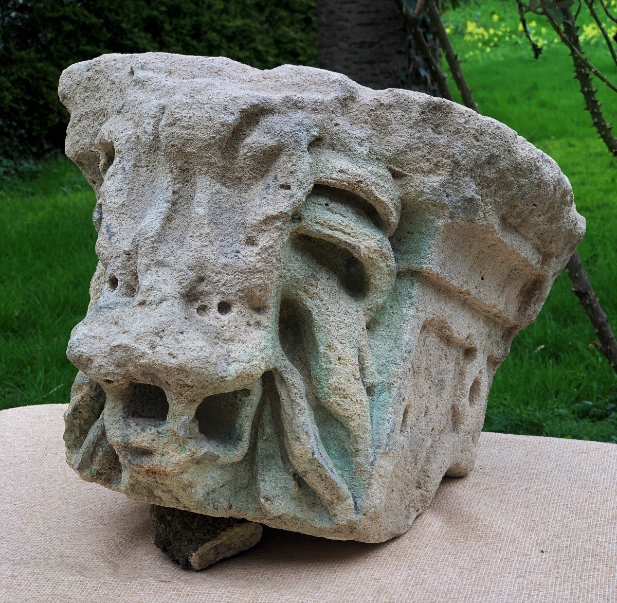 XIVe s modillon pierre calcaire sculpté lion menaçant-photo-3