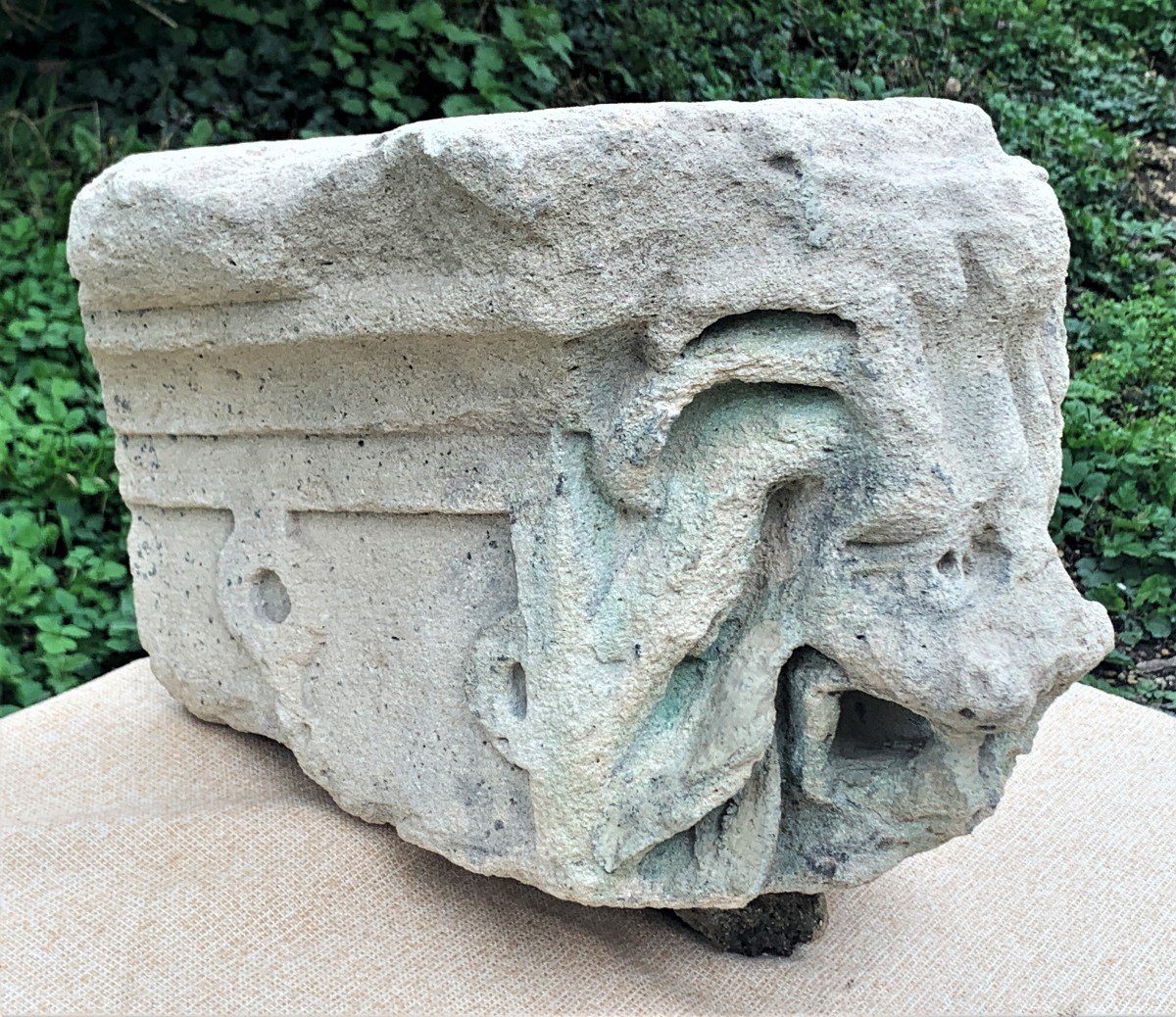 XIVe s modillon pierre calcaire sculpté lion menaçant-photo-8