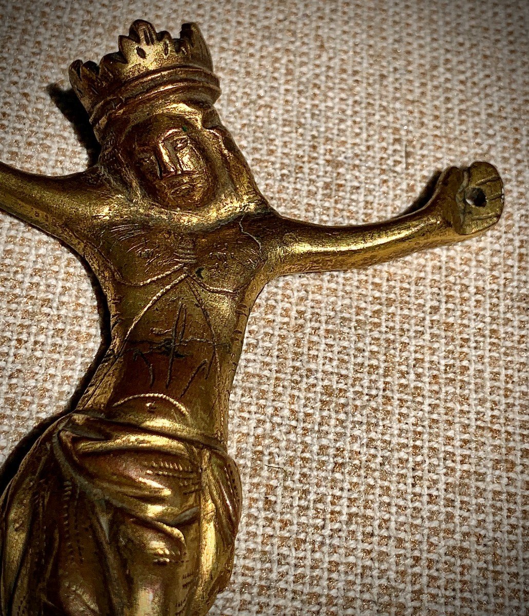 Haute Epoque, XIIIe s christ couronné bronze doré médiéval-photo-8