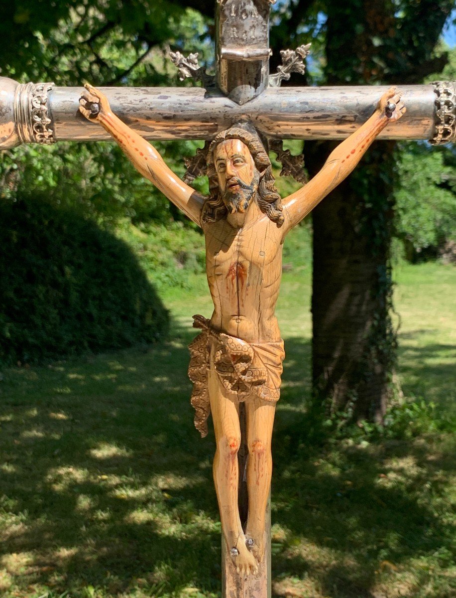 Gothic Period, Barcelona 16th Large Solid Silver Crucifix & Early 17th Cty Ivory Carved & Pted  Christ-photo-3