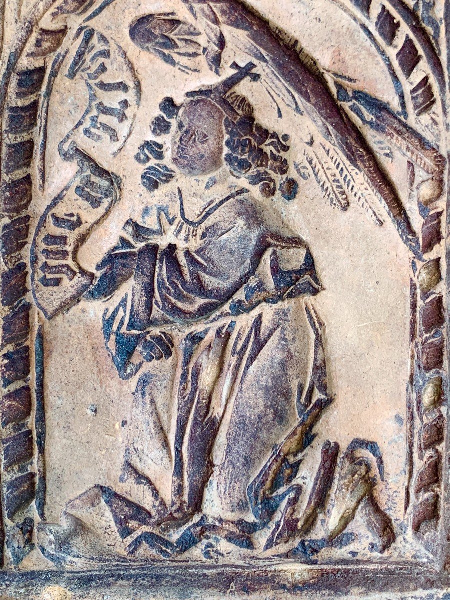 XVe s matrice/moule de carreau de poêle terre cuite  ép gothique Vierge & phylactère  AVE MARIA-photo-4