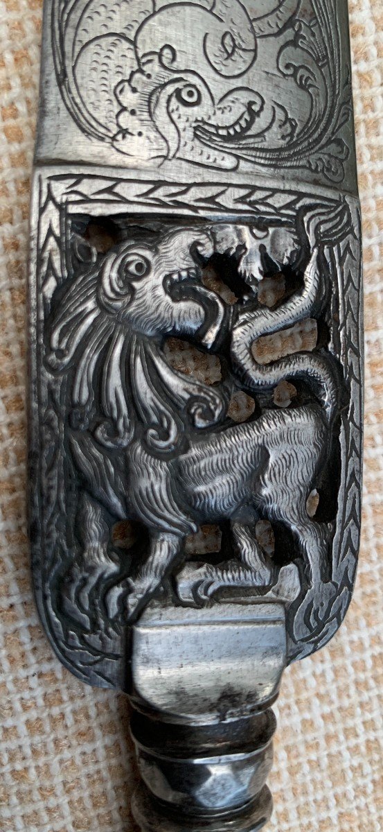Dague de chasse Italie XVIIIe s, superbe lame à 3 Gorges et percée motif lion-photo-6