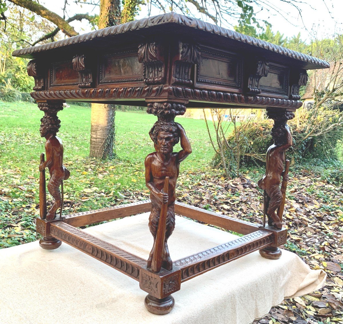 Italy 17th Walnut Carved Middle Table, Anthropomorphic Feet / Satyrs