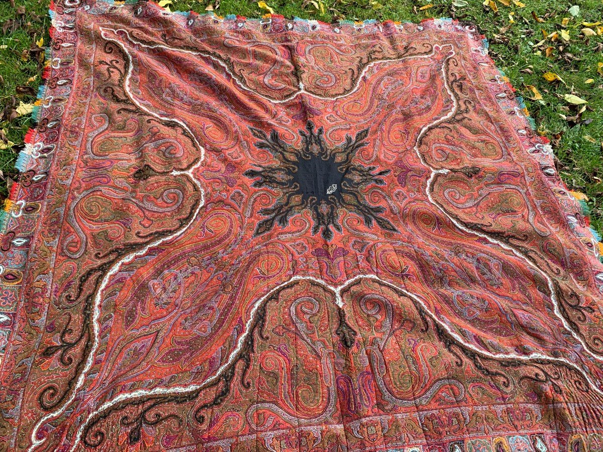 India 19th Cty, Square Cashmere Shawl Hand Embroidered Signature On Black Silk Center, -photo-1