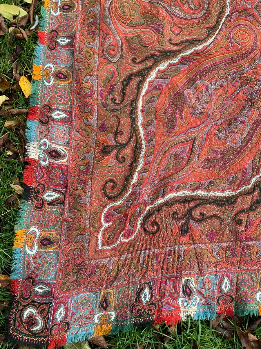 India 19th Cty, Square Cashmere Shawl Hand Embroidered Signature On Black Silk Center, -photo-2