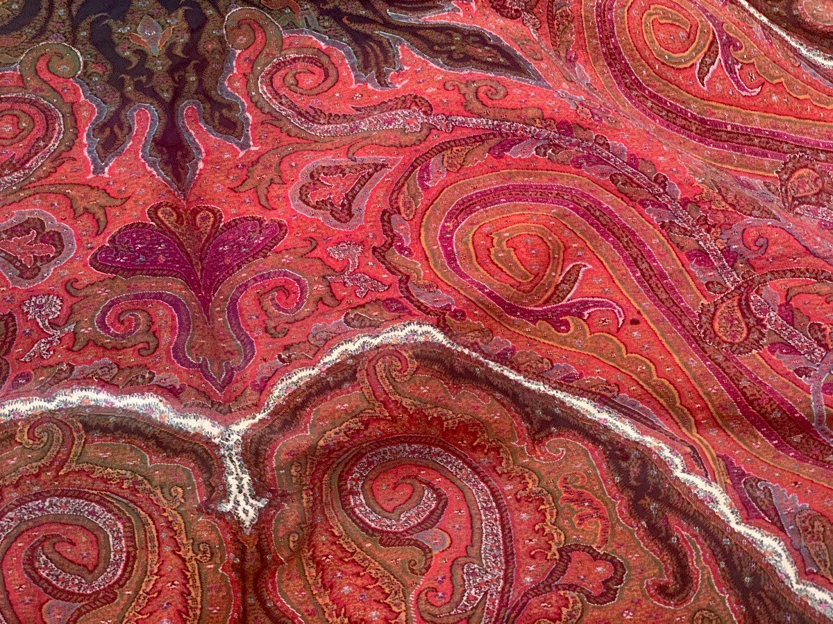 India 19th Cty, Square Cashmere Shawl Hand Embroidered Signature On Black Silk Center, -photo-6