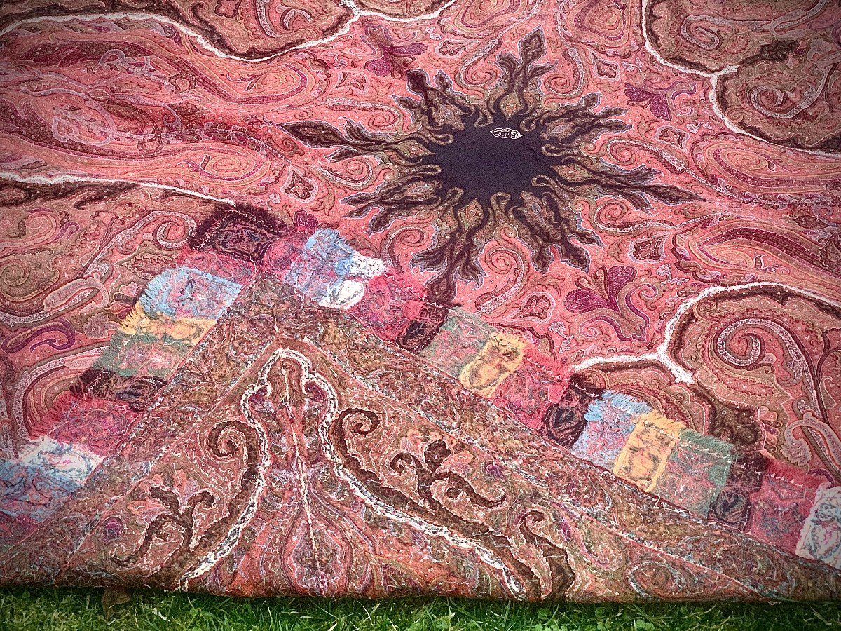India 19th Cty, Square Cashmere Shawl Hand Embroidered Signature On Black Silk Center, -photo-8