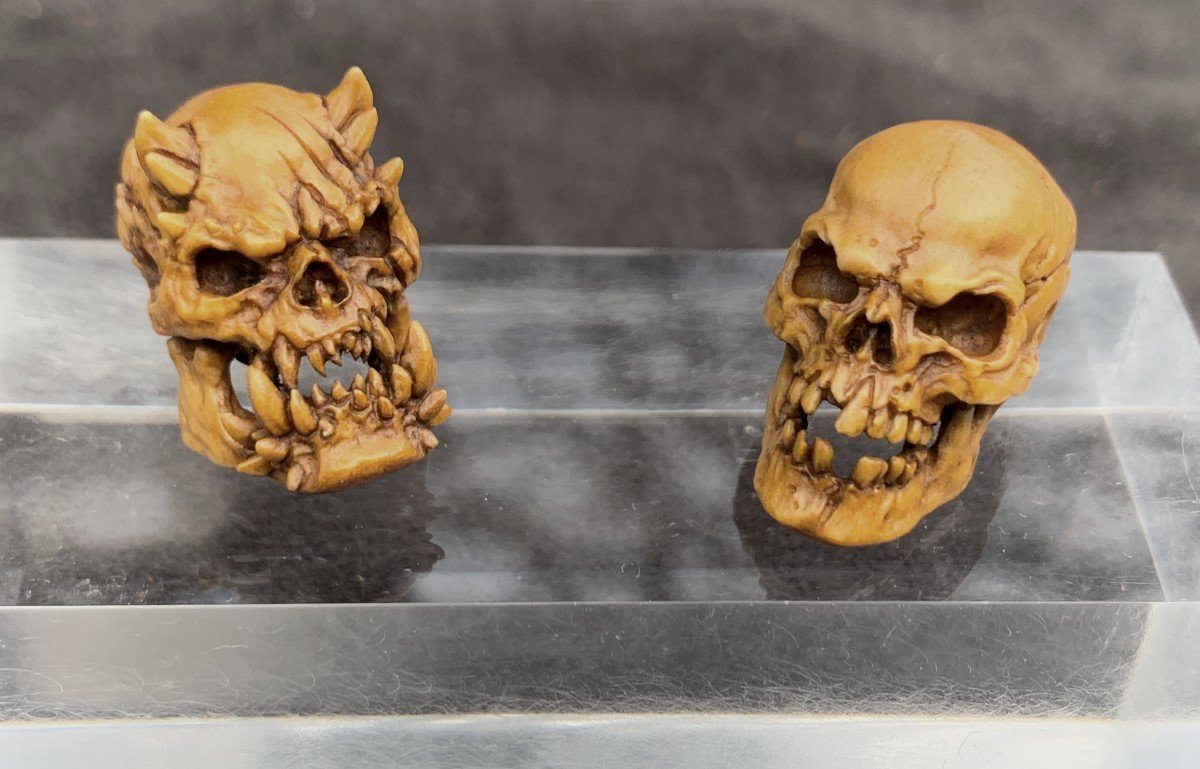 Cabinet de curiosités 2: memento mori/crâne de démon sculpté bois de cerf-photo-8