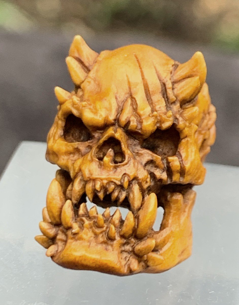 Cabinet de curiosités 2: memento mori/crâne de démon sculpté bois de cerf