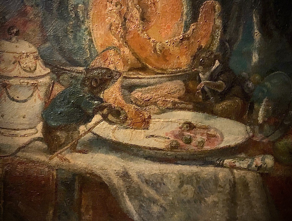 HST "le  rat des villes & le rat des  champs" 1911, nature morte aux souris, sign Léon JOUENNE -photo-3