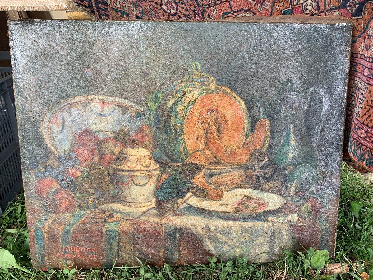 HST "le  rat des villes & le rat des  champs" 1911, nature morte aux souris, sign Léon JOUENNE -photo-6