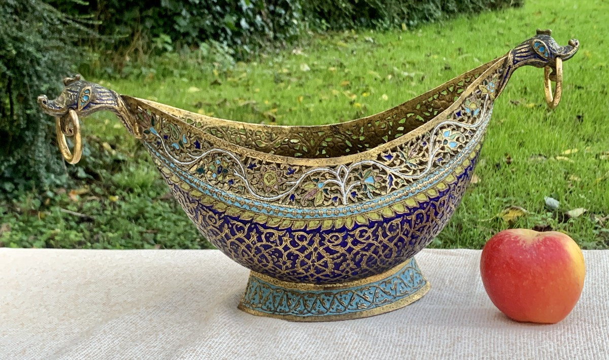 Mid 19th, Kashmir- India Very Large Enamel, Chiseled, Openwork  & Gild Kashkul-photo-6