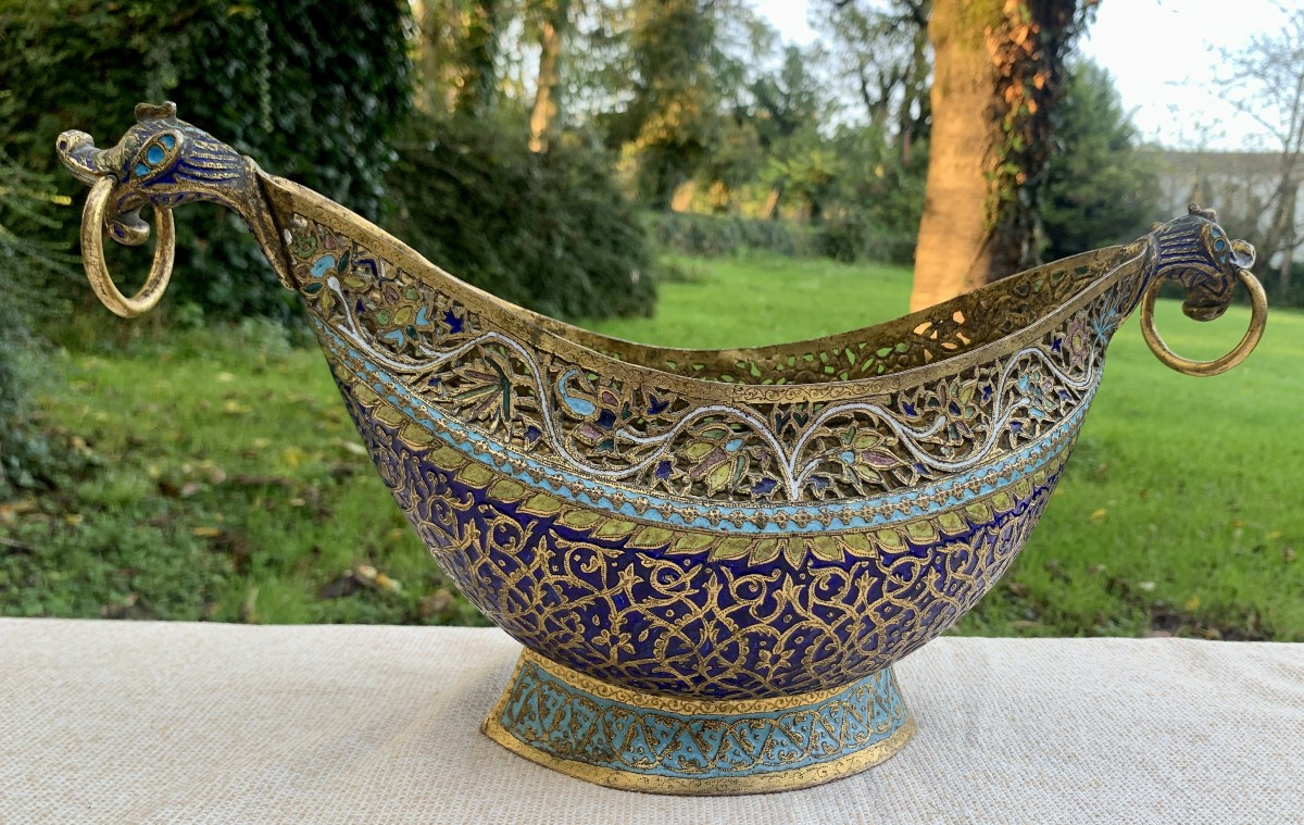 Mid 19th, Kashmir- India Very Large Enamel, Chiseled, Openwork  & Gild Kashkul