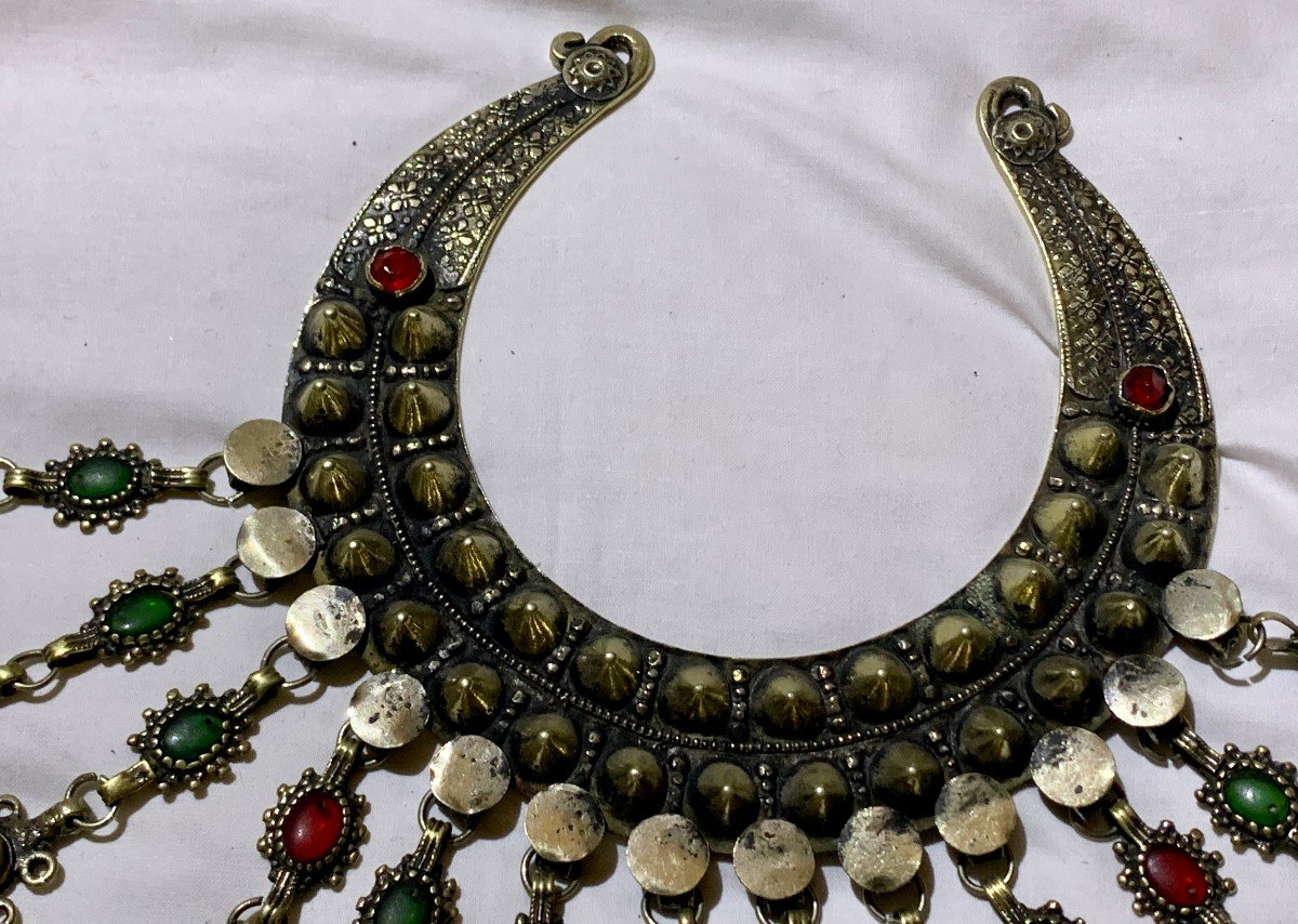 Collier plastron métal argenté & cabochons verre/pierres polies Kuchi, Pakistan ou Afghanistan-photo-7