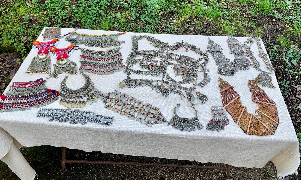Collier plastron métal argenté & cabochons verre/pierres polies Kuchi, Pakistan ou Afghanistan-photo-8