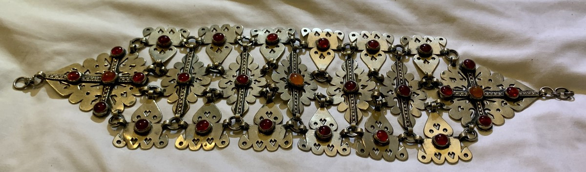Turkmen Openwork Belt, Necklace Or Diadem, Silver & Vermeil, Carnelian Cabochons 