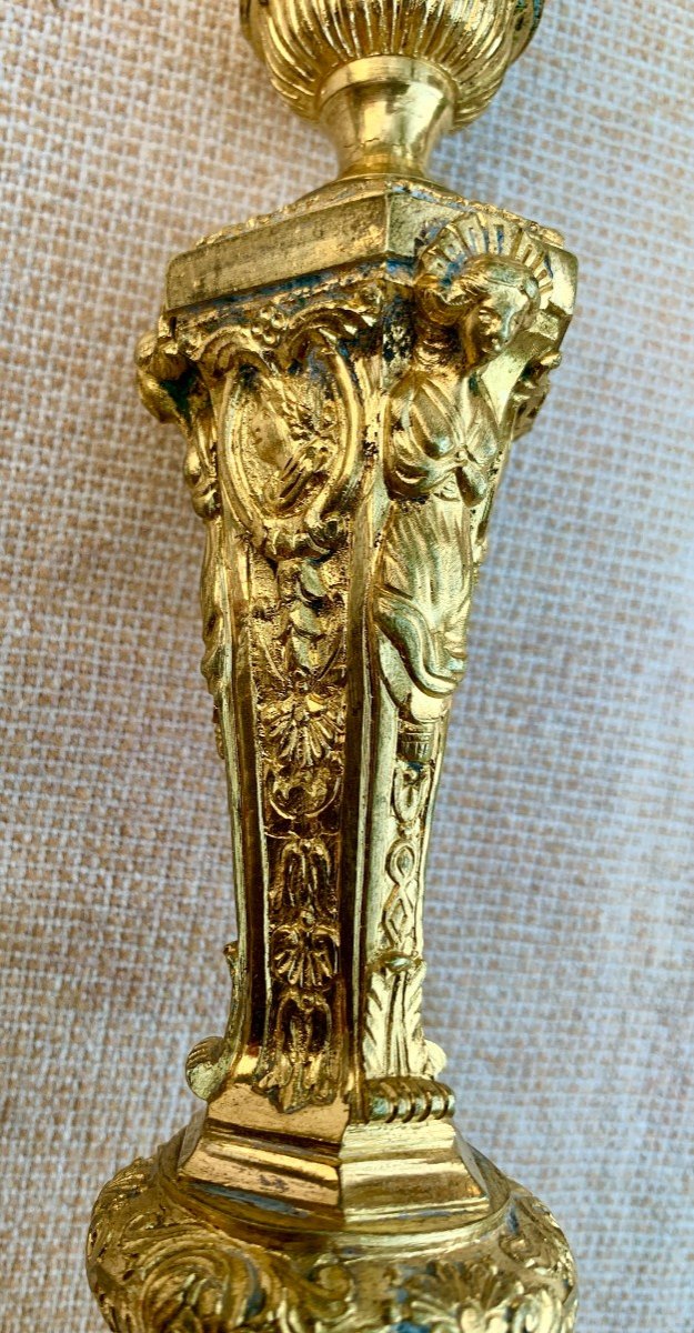 Pair Gilded Bronze  Regency Candlesticks, Caryatids & Antique Profiles -photo-2