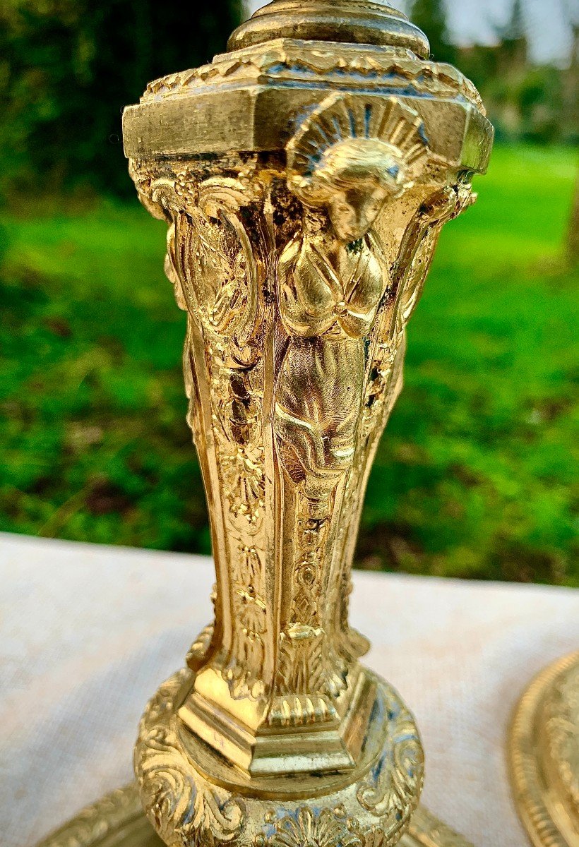 Pair Gilded Bronze  Regency Candlesticks, Caryatids & Antique Profiles -photo-4