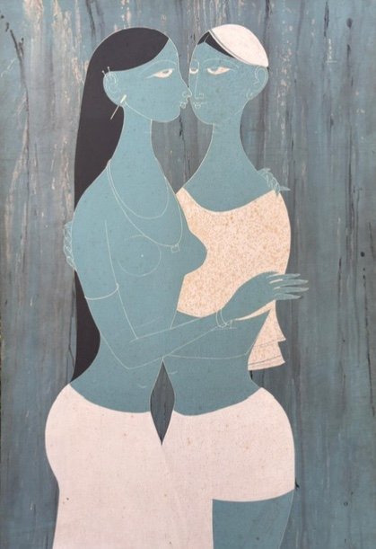 Rasik Raval (1928-1980) India, Enlaced Couple, Painting On Wden Panel