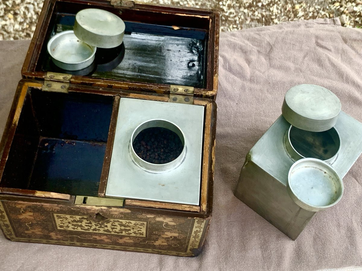 Chinese Lacquer Tea Box & Pewter Bottles, Mid-19th Cty-photo-2