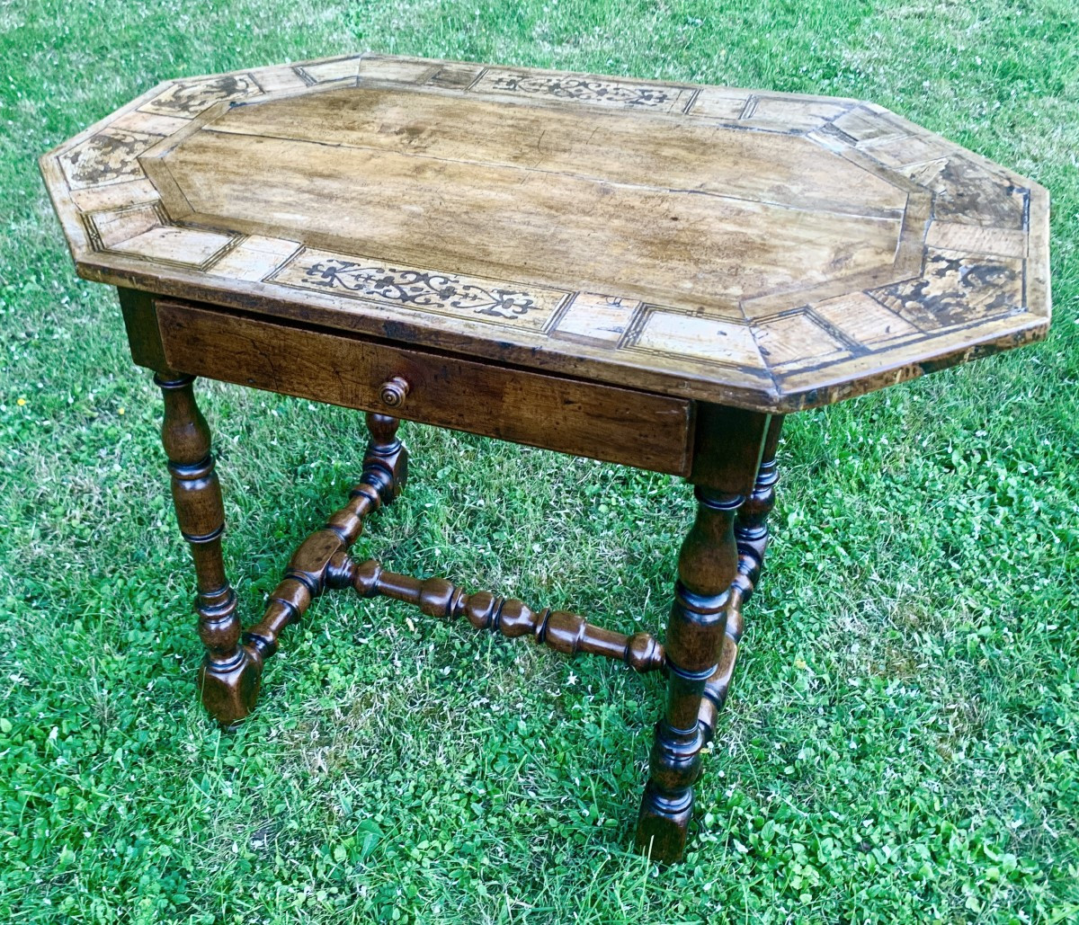 Small 17th Century Table With Turned Walnut Legs And Inlaid Top