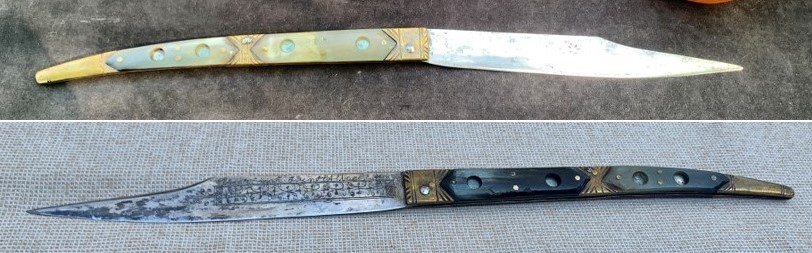 Gd couteau NAVAJA Albacete Espagne corne et acier gravé, daté 1880