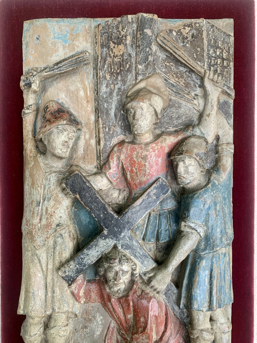 Panneau retable XVe s Le Portement de Croix-photo-2