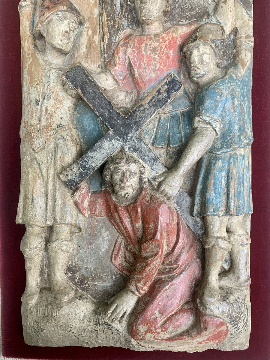 Panneau retable XVe s Le Portement de Croix-photo-6