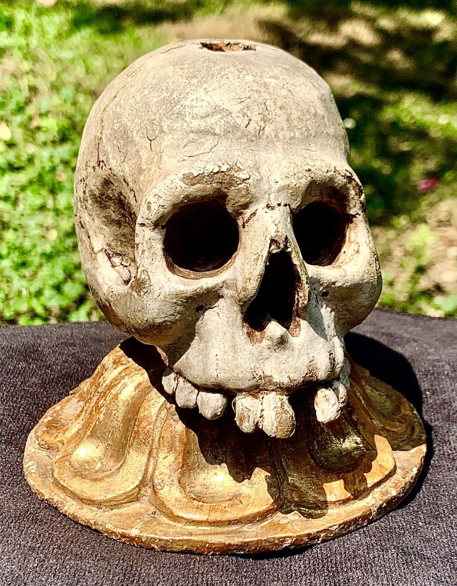 MEMENTO MORI bois sculpté  polychrome & doré, Italie XVIIe s-photo-6