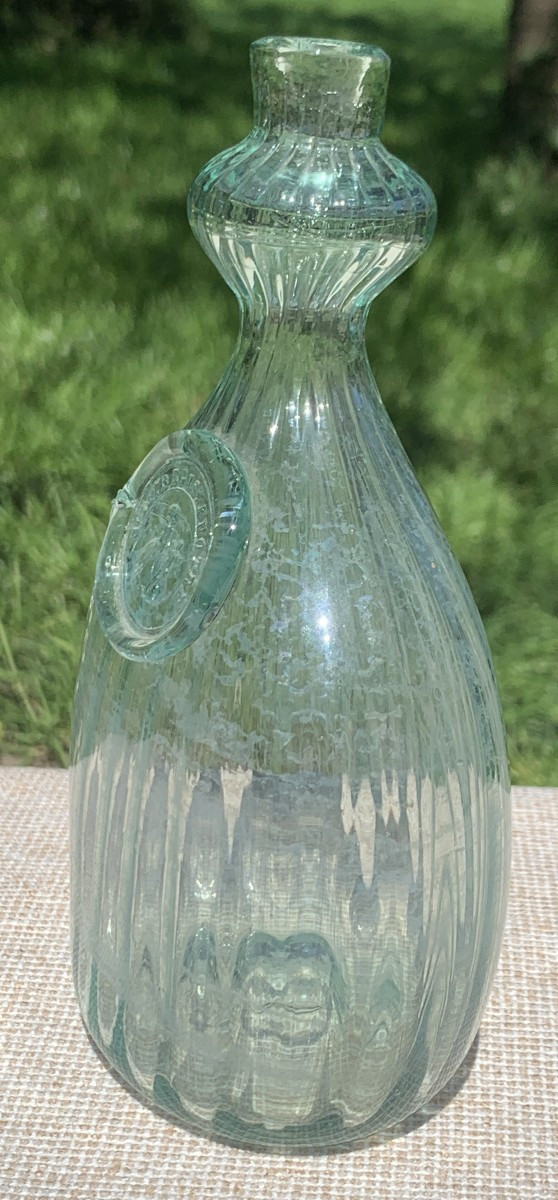 XIXe s Gourde verre colloquinte à godrons, cachet relief St J F REGIS APÔTRE tenant 1 croix-photo-6