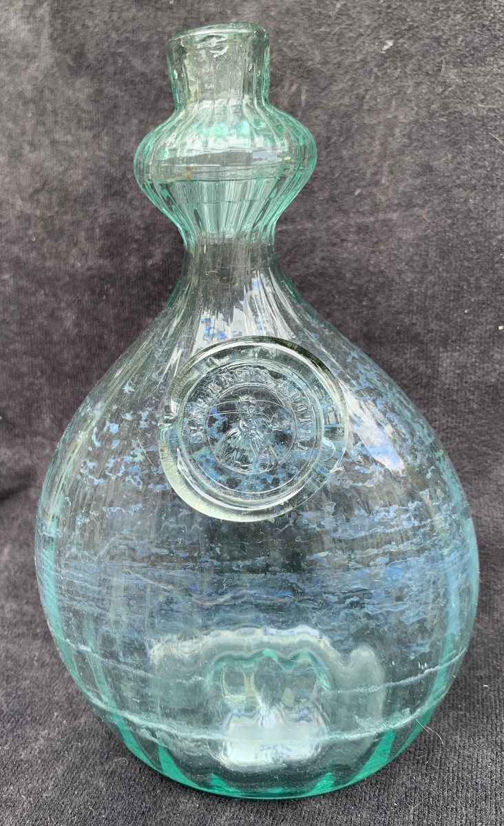 XIXe s Gourde verre colloquinte à godrons, cachet relief St J F REGIS APÔTRE tenant 1 croix-photo-8