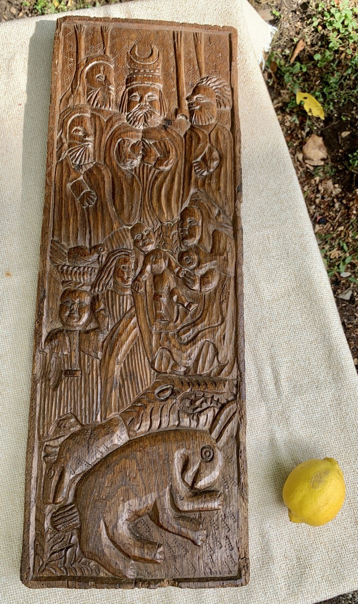 Folk Or Colonial Art Set Of 2 Wden Carved Panels, Historical Subject, Dated 1659-photo-2
