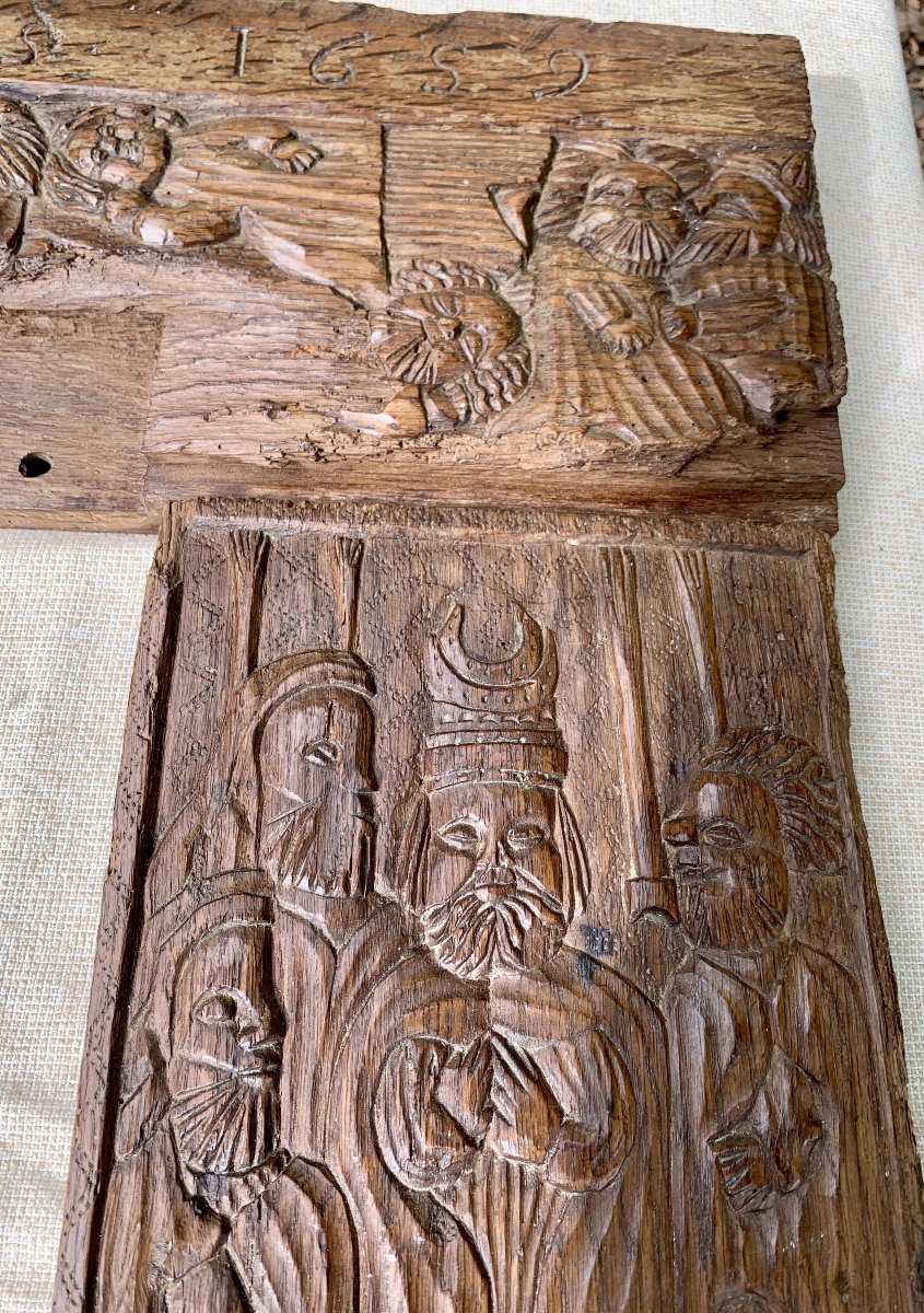 Folk Or Colonial Art Set Of 2 Wden Carved Panels, Historical Subject, Dated 1659-photo-2
