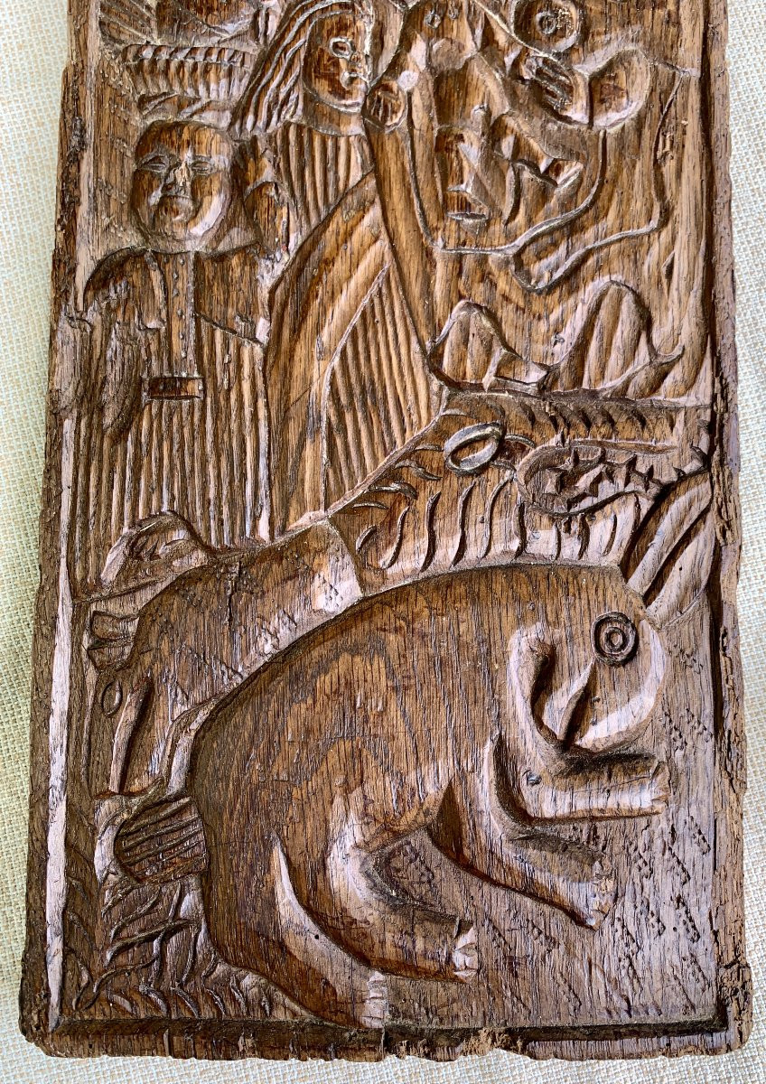 Folk Or Colonial Art Set Of 2 Wden Carved Panels, Historical Subject, Dated 1659-photo-4