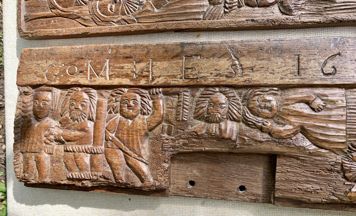 Folk Or Colonial Art Set Of 2 Wden Carved Panels, Historical Subject, Dated 1659-photo-5