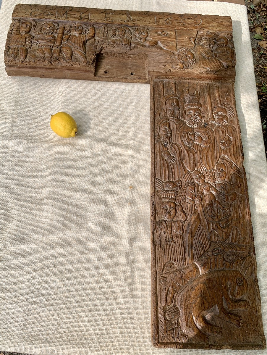 Folk Or Colonial Art Set Of 2 Wden Carved Panels, Historical Subject, Dated 1659