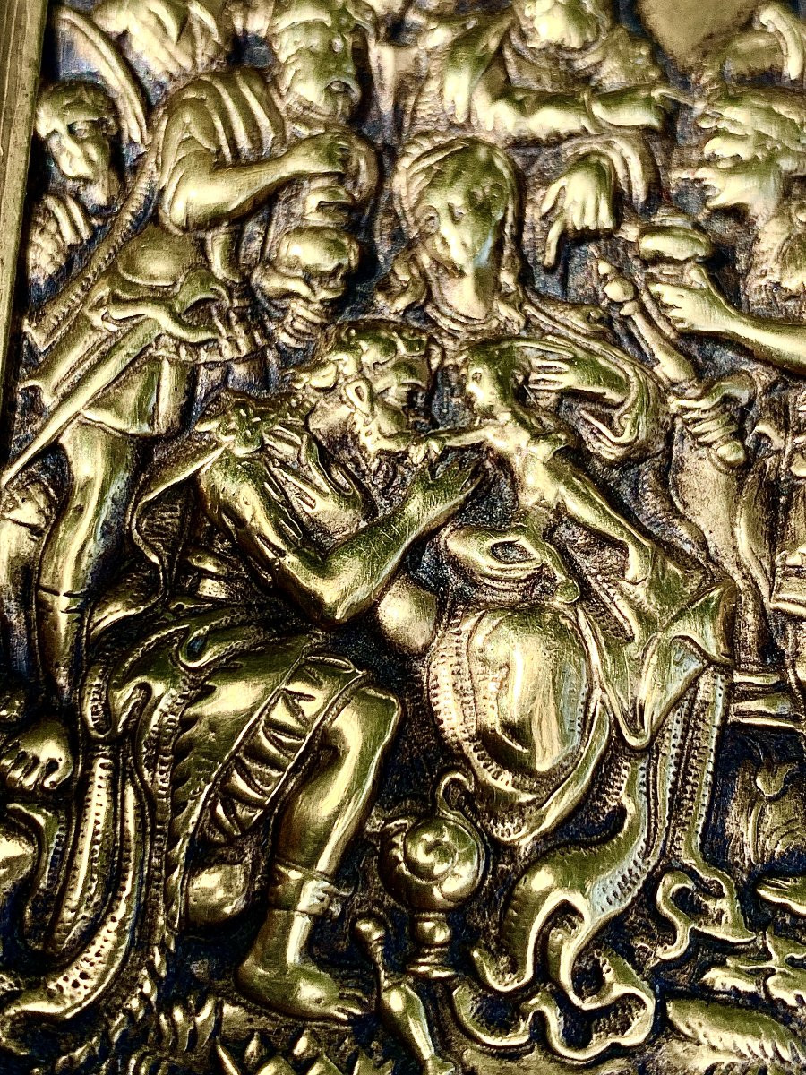 Spain 17th Golden Bronze Plaque Adoration Of The Magi, After Engraving Of Jan Sadeler-photo-3