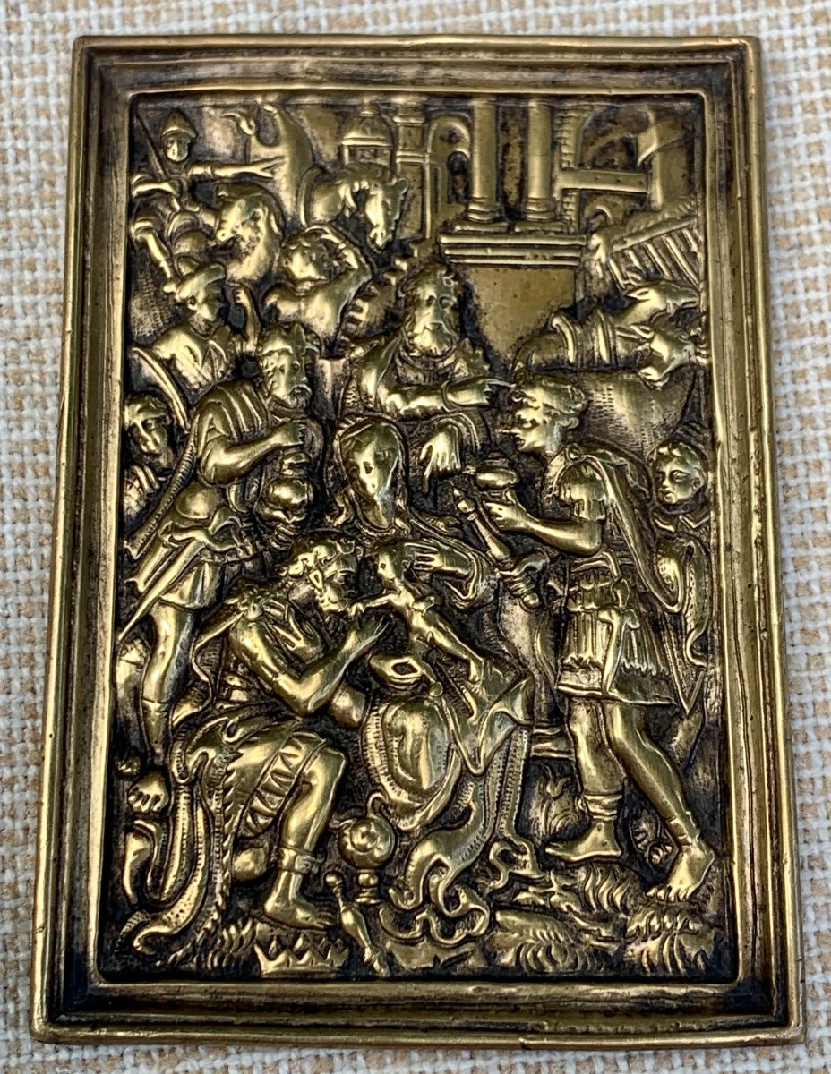 Spain 17th Golden Bronze Plaque Adoration Of The Magi, After Engraving Of Jan Sadeler-photo-5