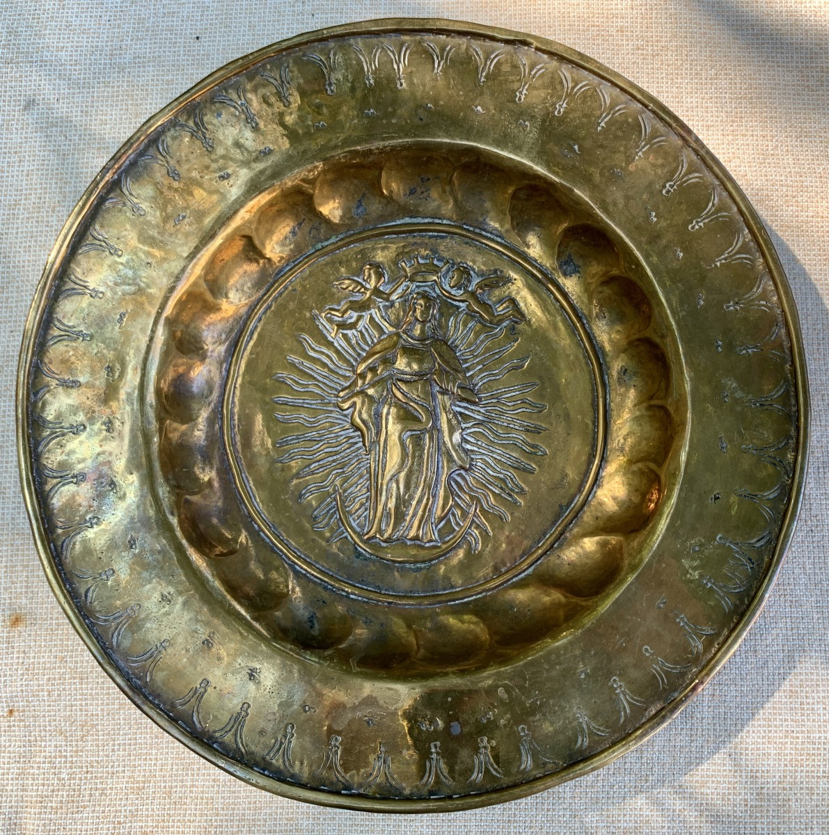 Late 16th Cty Alms Dish, The Coronation Of The Virgin, On A Crescent Moon
