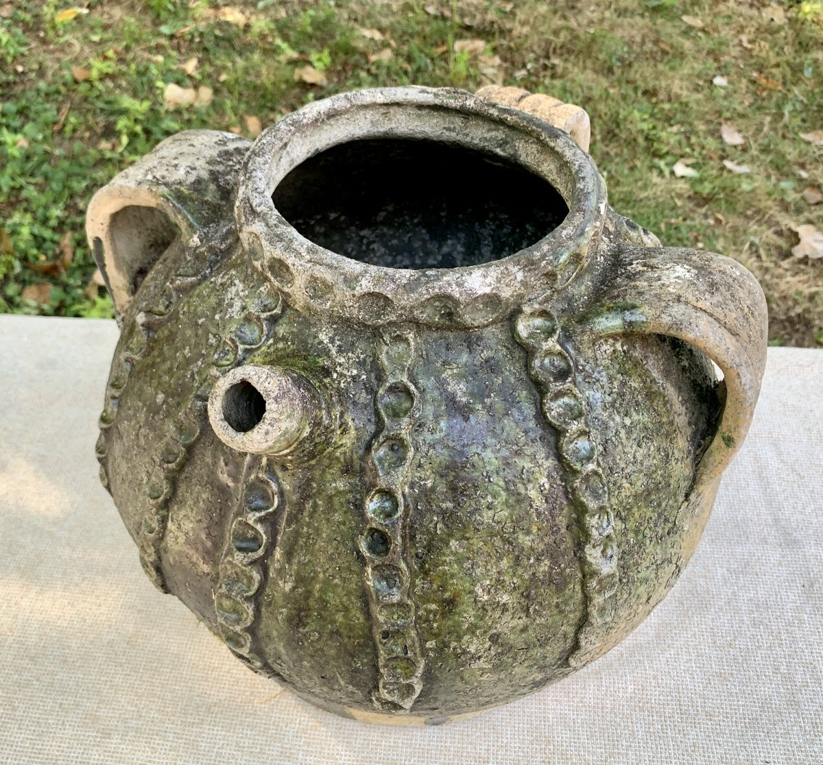 Very Nice 17 Or 18th Cty Green Glazed Earthenware Jug Or Buyre -photo-2